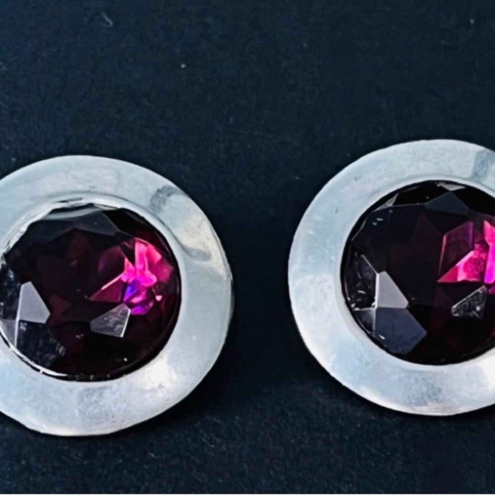 Vintage Sarah Coventry purple rhinestone earrings with silver tone center